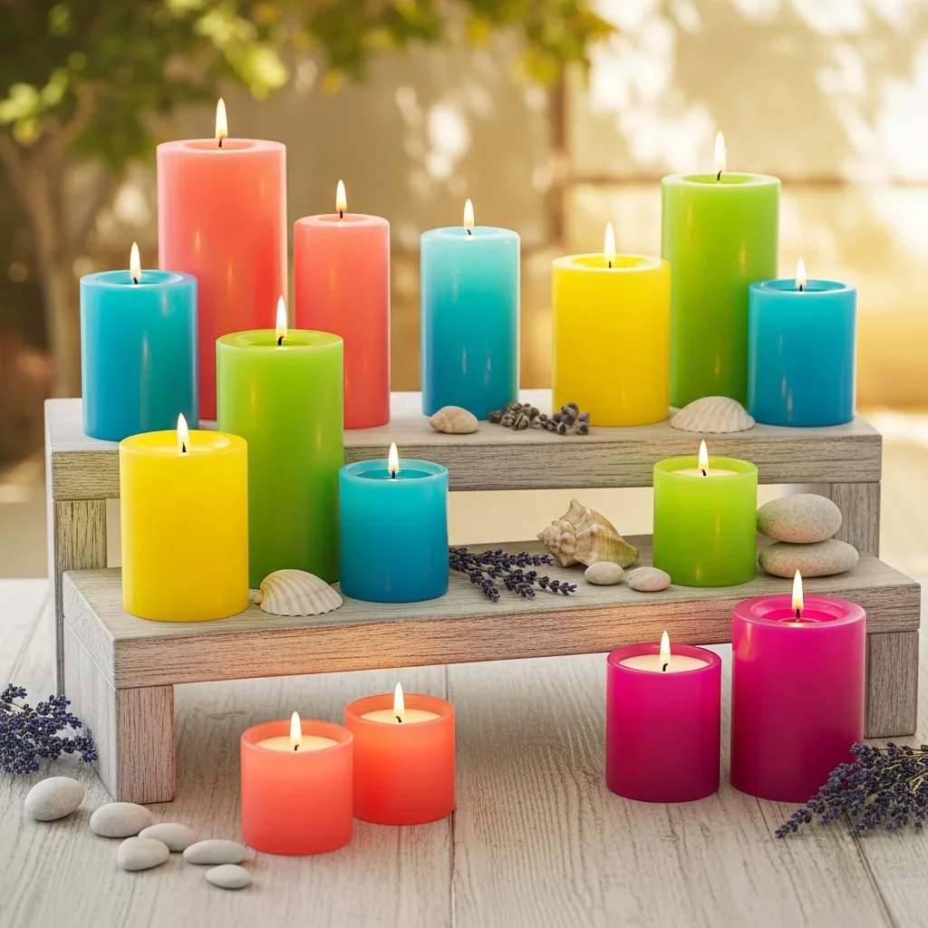 Sommerkollektion med lyse, farverige stearinlys